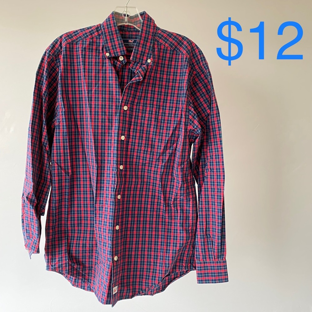 Vineyard Vines button down shirt, red and blue plaid, Men’s Small